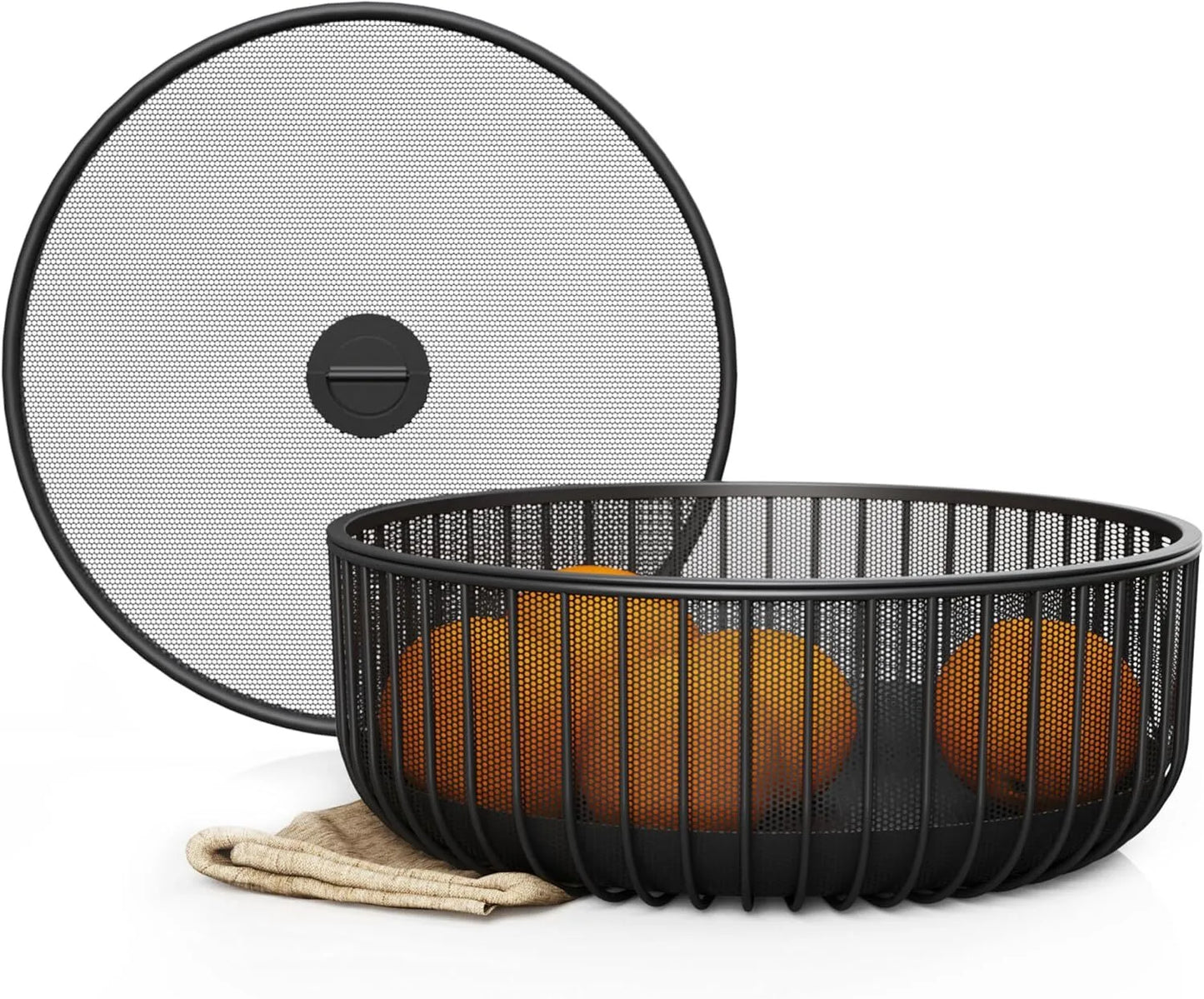 Metal fruit bowl with mesh lid and basket