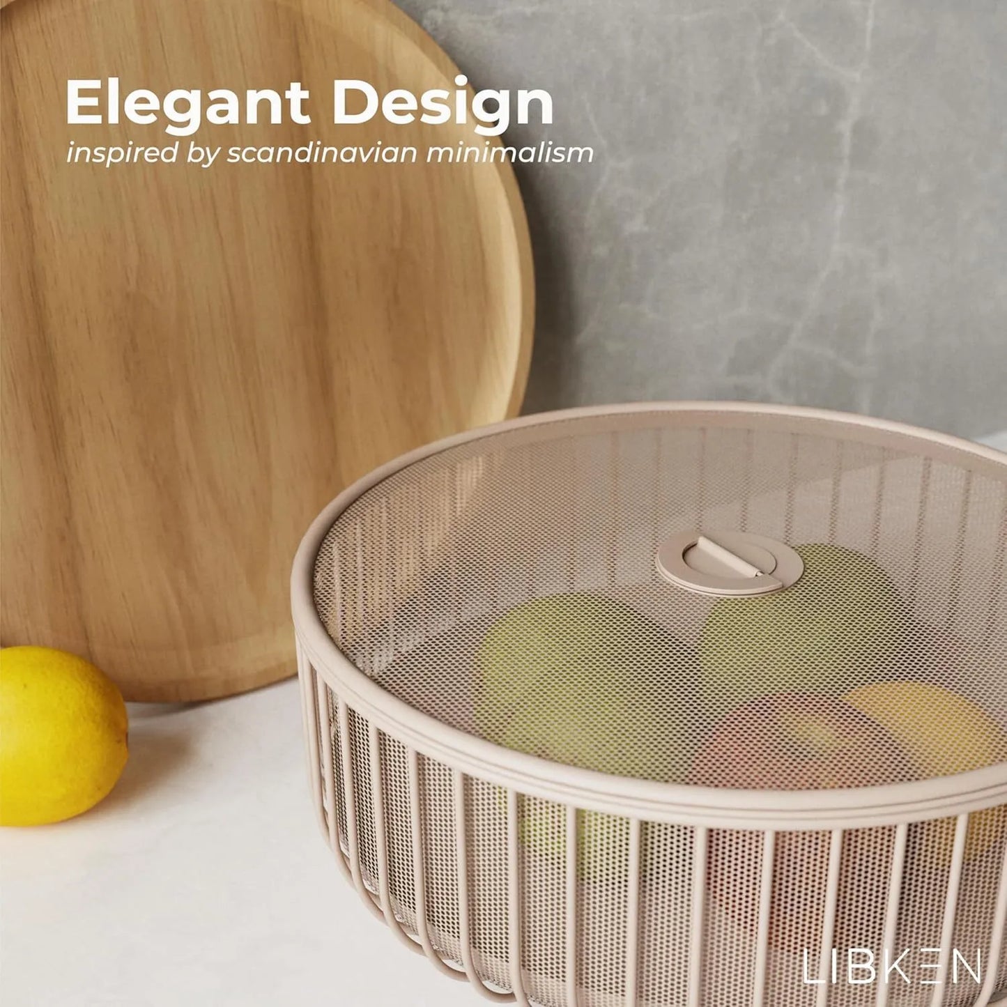 Metal fruit bowl with mesh lid and basket